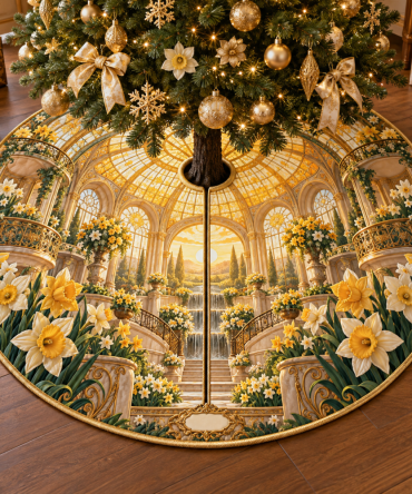 Daffodil Sunvault Canopy Christmas Tree Skirt - Radiant Golden Floral Base Cover, Durable Construction, Holiday Ready