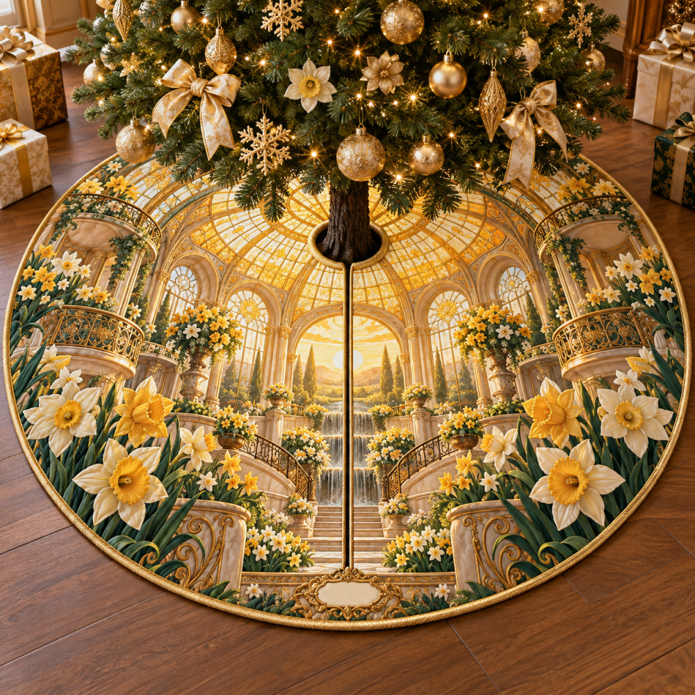 Daffodil Sunvault Canopy Christmas Tree Skirt - Radiant Golden Floral Base Cover, Durable Construction, Holiday Ready