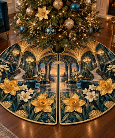 Daffodil Azure Crown Holiday Tree Skirt - Regal Blue Floral Base Cover For Christmas Trees, Rich Color & Tailored Fit