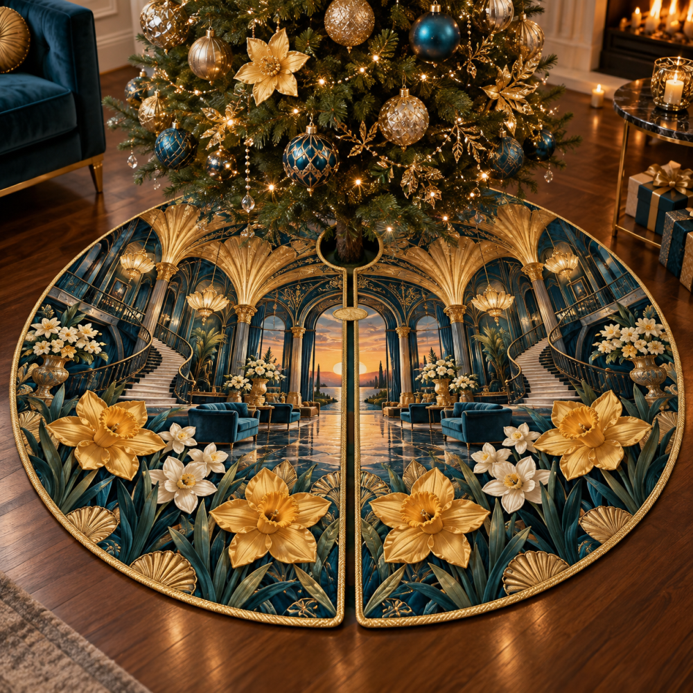 Daffodil Azure Crown Holiday Tree Skirt - Regal Blue Floral Base Cover For Christmas Trees, Rich Color & Tailored Fit