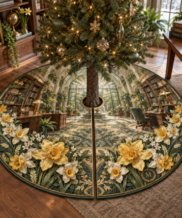 Daffodil Sageglass Atrium Tree Skirt - Serene Sage Floral Base Cover For Christmas Trees, Subtle Texture & Versatile Style