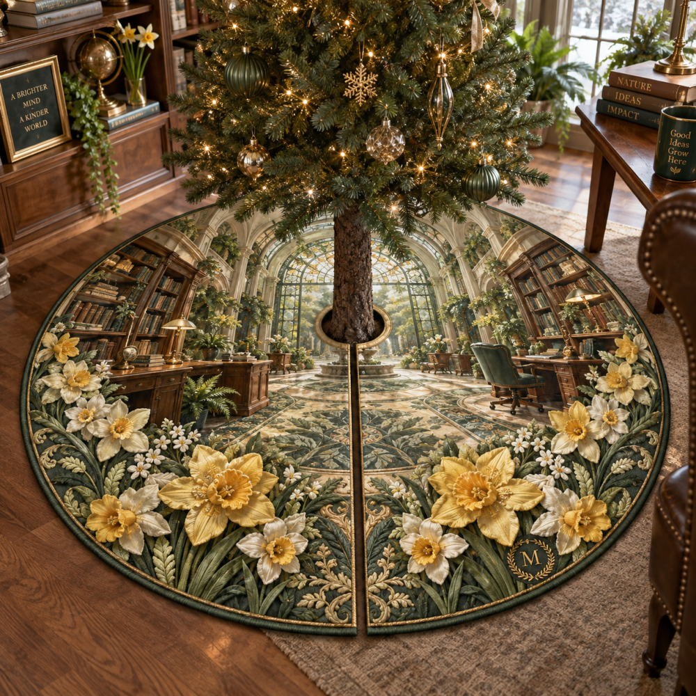 Daffodil Sageglass Atrium Tree Skirt - Serene Sage Floral Base Cover For Christmas Trees, Subtle Texture & Versatile Style