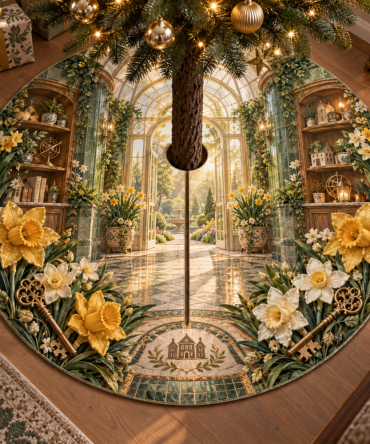 Daffodil Hearthkey Welcome Tree Skirt - Warm Welcoming Floral Holiday Base Cover, Durable Finish, Easy Closure