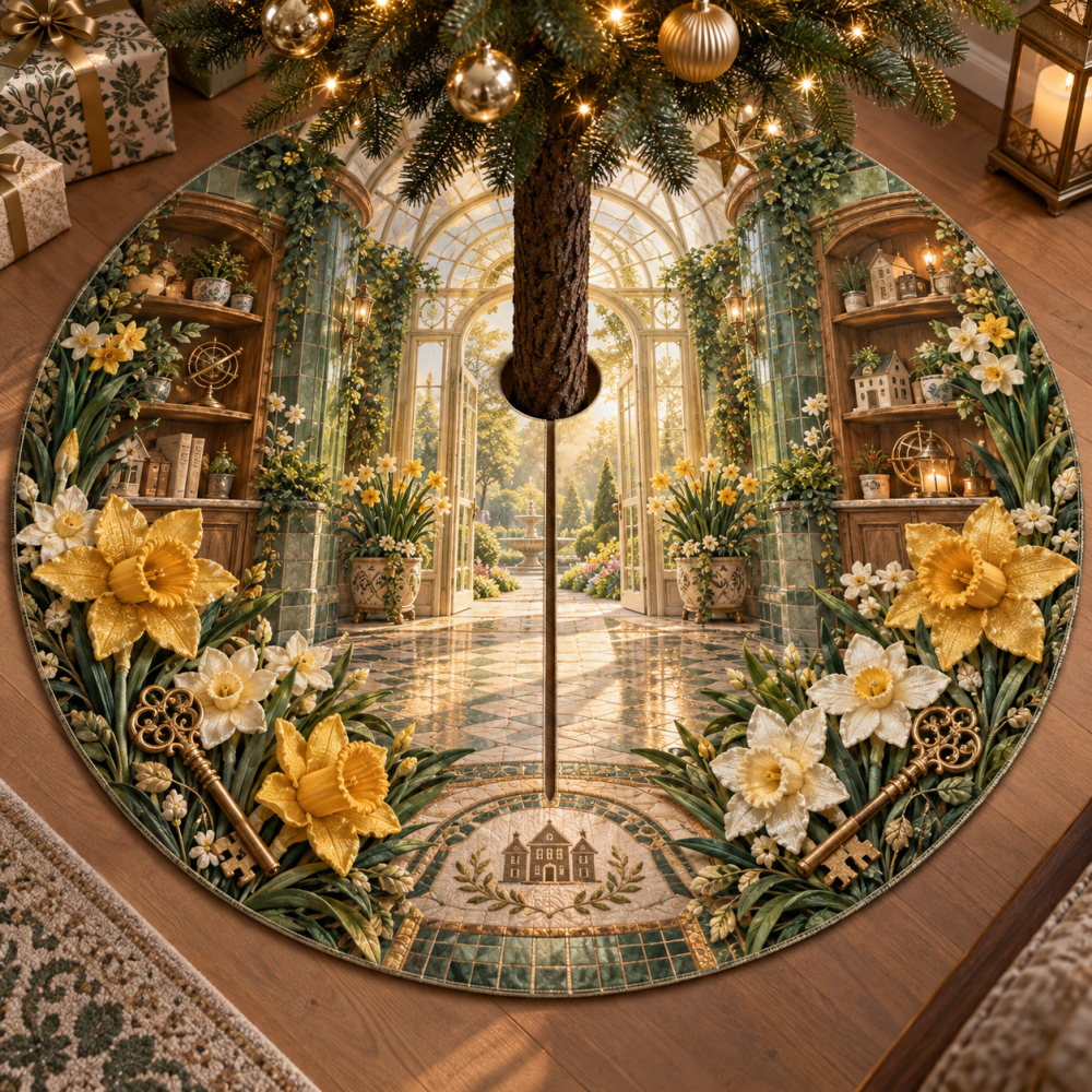 Daffodil Hearthkey Welcome Tree Skirt - Warm Welcoming Floral Holiday Base Cover, Durable Finish, Easy Closure