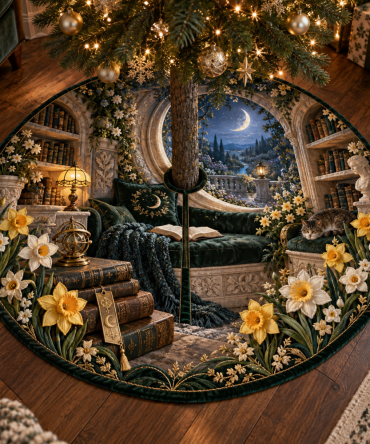 Daffodil Moonwell Nook Holiday Tree Skirt - Cozy Nook-Inspired Floral Base Cover For Christmas Trees, Plush & Inviting