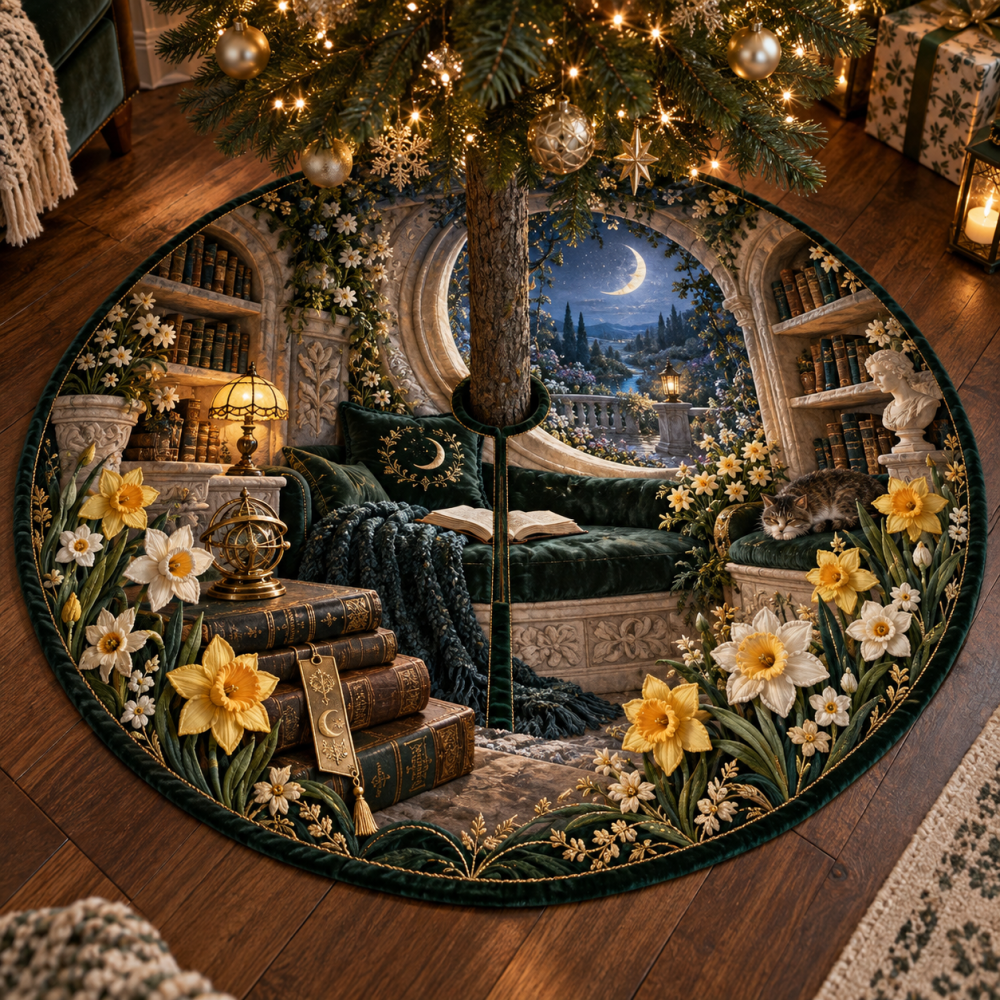 Daffodil Moonwell Nook Holiday Tree Skirt - Cozy Nook-Inspired Floral Base Cover For Christmas Trees, Plush & Inviting