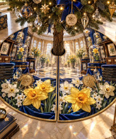 Daffodil Aurelia Curio Tree Skirt - Elegant Curated Floral Christmas Base Cover, Soft Finish, Designer Holiday Touch