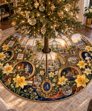 Daffodil Lumenframe Holiday Tree Skirt - Bright Floral Base Cover With Accented Trim, Stylish Holiday Tree Foundation
