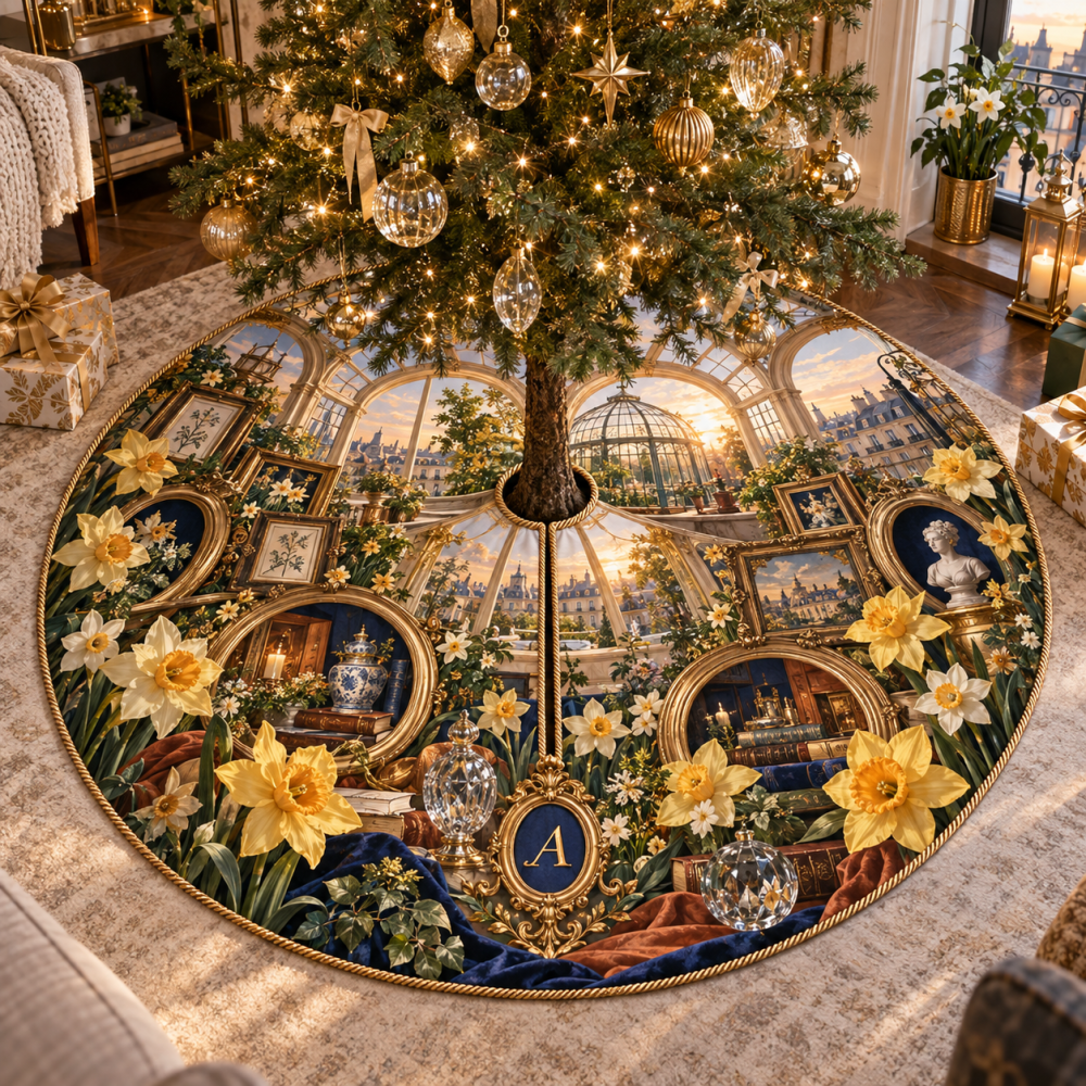 Daffodil Lumenframe Holiday Tree Skirt - Bright Floral Base Cover With Accented Trim, Stylish Holiday Tree Foundation