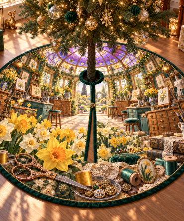 Daffodil Makerlight Holiday Tree Skirt - Artisan-Inspired Floral Base Cover For Christmas Trees, Durable & Decorative
