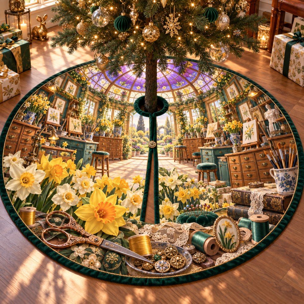Daffodil Makerlight Holiday Tree Skirt - Artisan-Inspired Floral Base Cover For Christmas Trees, Durable & Decorative