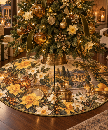Daffodil Amberglass Christmas Tree Skirt - Warm Amber Floral Base Cover, Soft Backing, Festive Holiday Accent