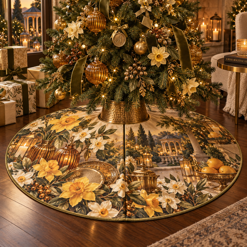 Daffodil Amberglass Christmas Tree Skirt - Warm Amber Floral Base Cover, Soft Backing, Festive Holiday Accent