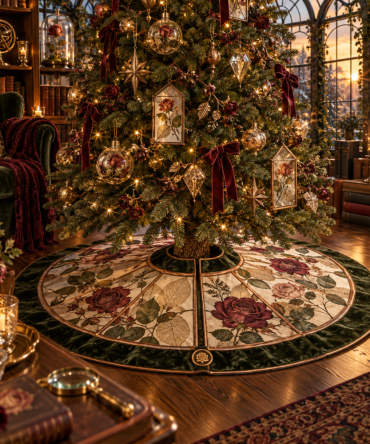Rose Glassleaf Holiday Tree Skirt - Shimmering Leaf Motif Christmas Tree Base Cover, Embellished Edge, Ready For Gifting