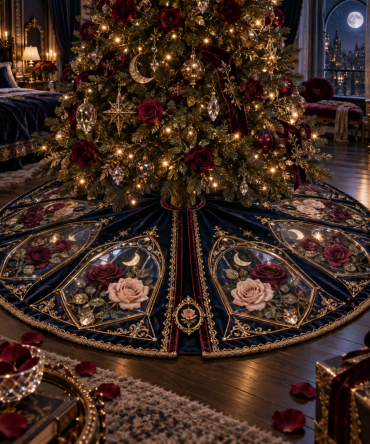 Nocturne Rose Holiday Tree Skirt - Elegant Midnight Floral Cover For Christmas Tree Base, Soft Lining, Machine-Friendly