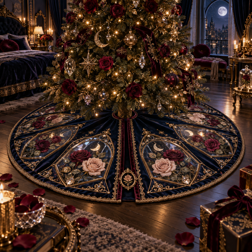 Nocturne Rose Holiday Tree Skirt - Elegant Midnight Floral Cover For Christmas Tree Base, Soft Lining, Machine-Friendly