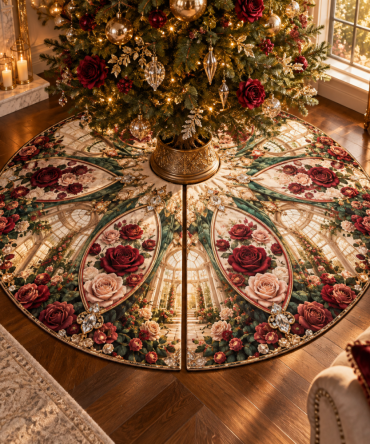 Sunlit Rose Solarium Christmas Tree Skirt - Premium Floral Holiday Base Cover With Satin Backing And Accent Stitching