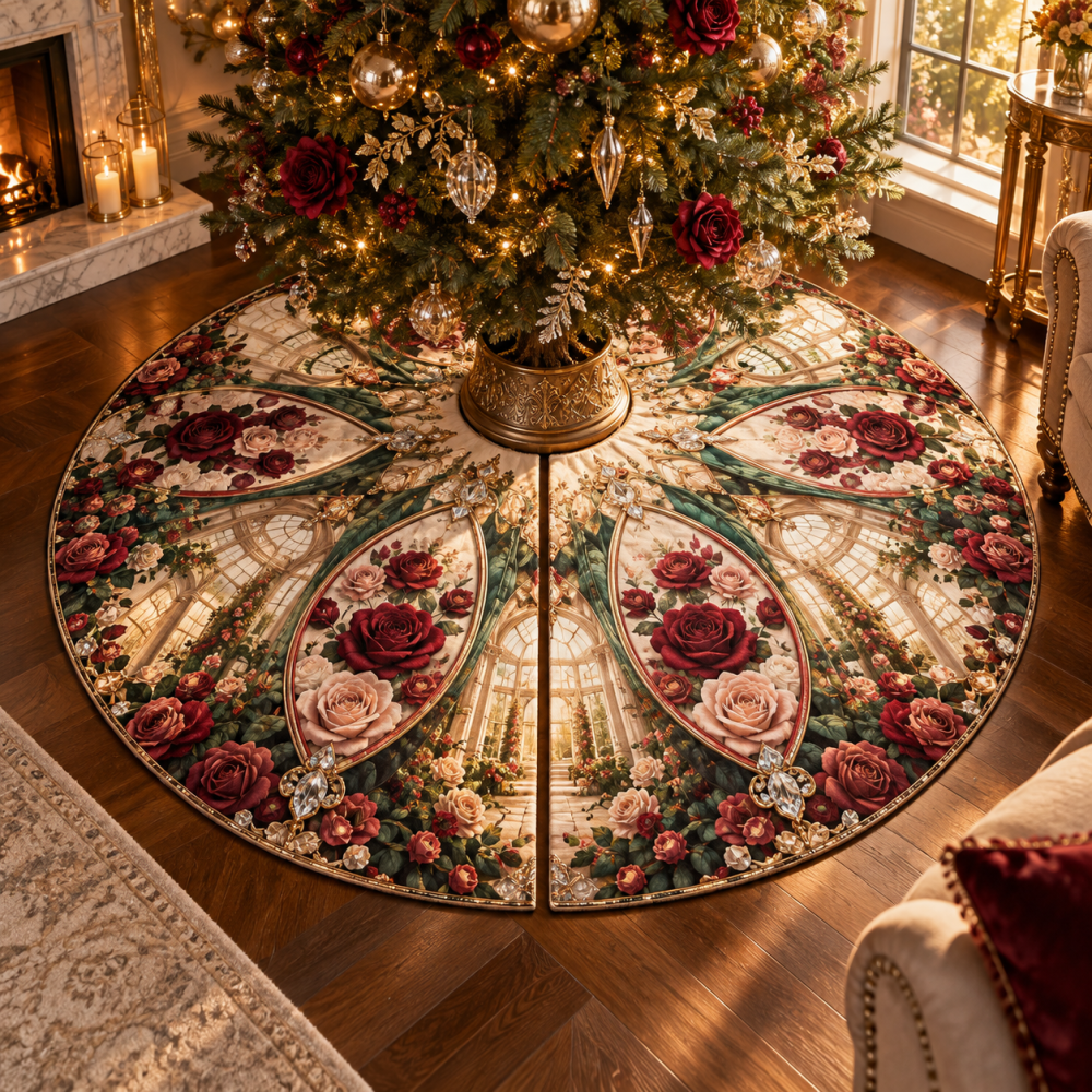Sunlit Rose Solarium Christmas Tree Skirt - Premium Floral Holiday Base Cover With Satin Backing And Accent Stitching
