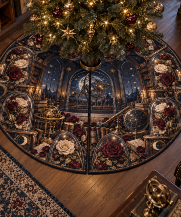 Elevate Your Holiday Decor With Rose Astrarium Christmas Tree Skirt - Luxurious Embroidered Floral Base Cover, Reversible