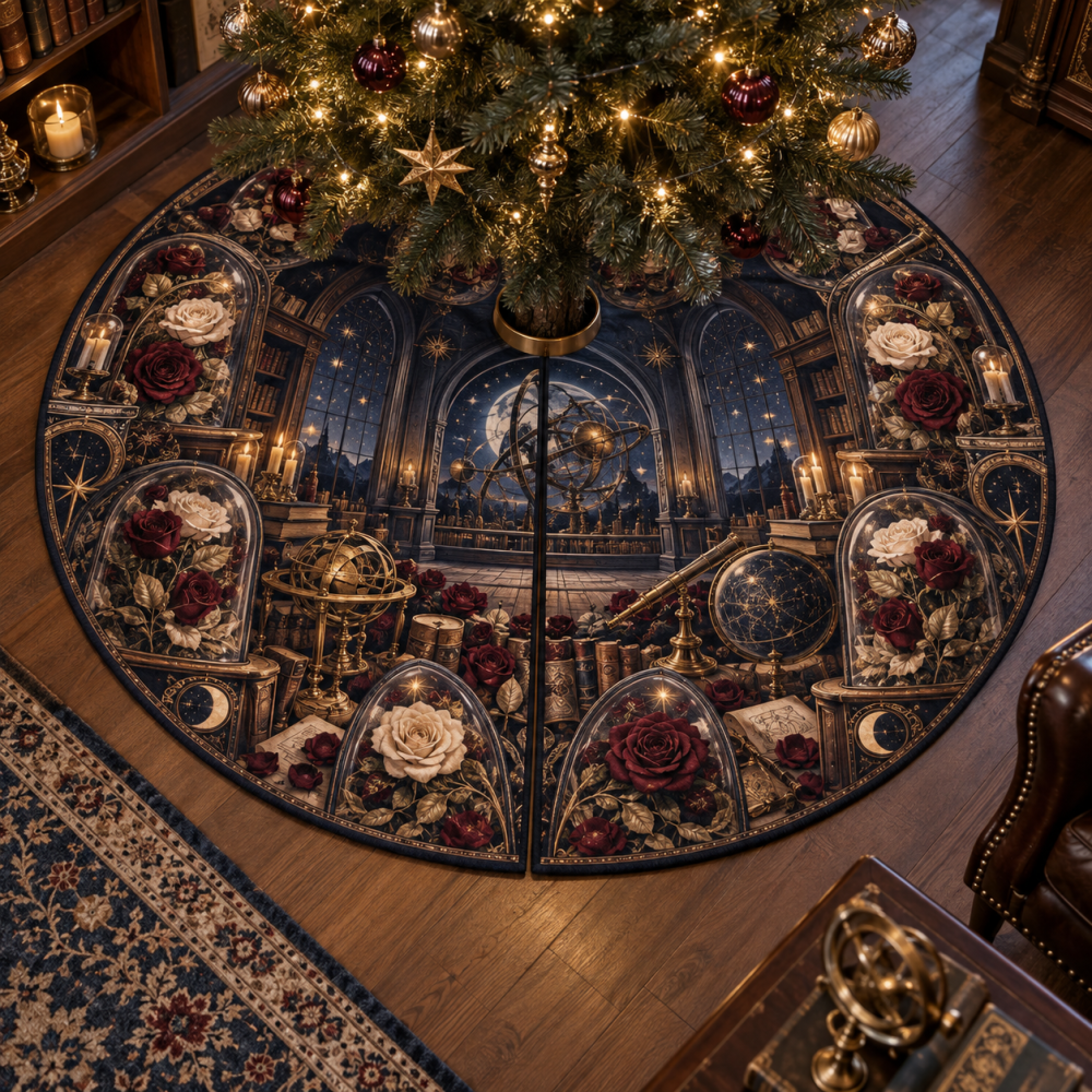 Elevate Your Holiday Decor With Rose Astrarium Christmas Tree Skirt - Luxurious Embroidered Floral Base Cover, Reversible