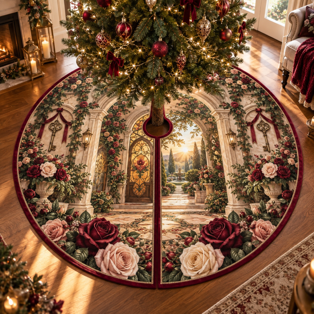 Rose Hearthglass Holiday Tree Skirt — Refined Glass-Accent Floral Skirt With Subtle Sheen For Classic And Modern Christmas Trees
