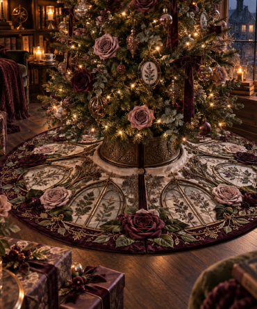 Rose Embernook Cozy Tree Skirt — Warm-Toned Floral Skirt With Textured Embroidery, Ready For Intimate Holiday Settings