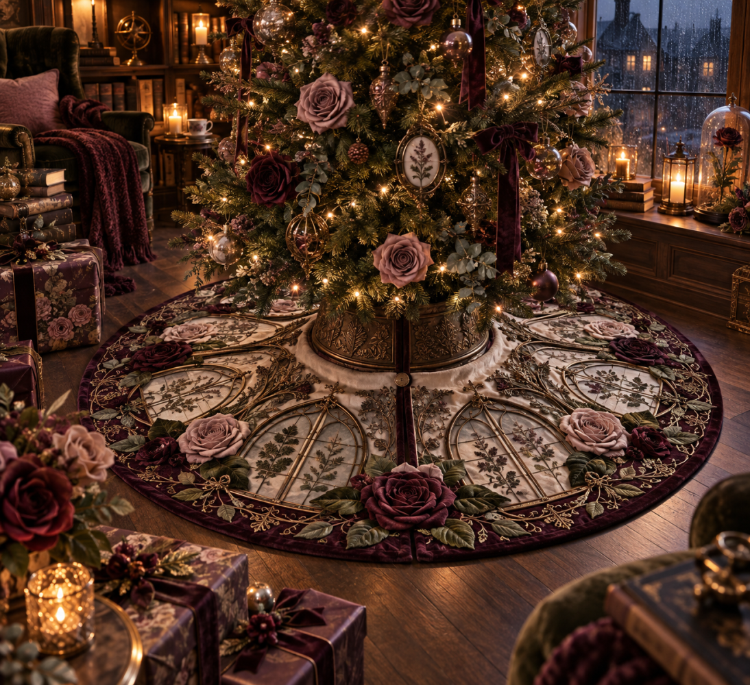 Rose Embernook Cozy Tree Skirt — Warm-Toned Floral Skirt With Textured Embroidery, Ready For Intimate Holiday Settings