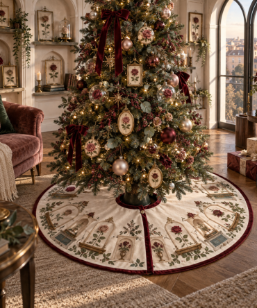 Rose Wallscape Statement Tree Skirt — Unique Floral Panorama Skirt For Dramatic Christmas Displays And Home Styling