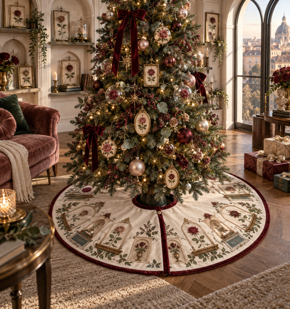 Rose Wallscape Statement Tree Skirt — Unique Floral Panorama Skirt For Dramatic Christmas Displays And Home Styling