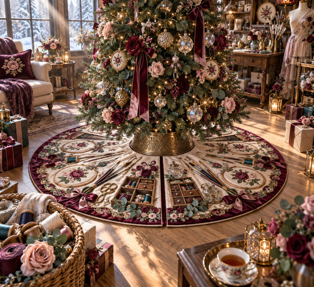 Rose Atelier Designer Tree Skirt — Hand-Finished Floral Holiday Skirt With Artisanal Details And Premium Fabrics