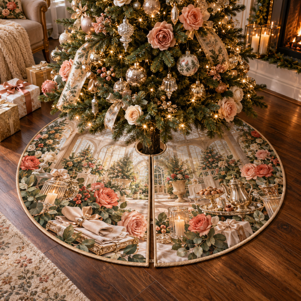 Rose Gratitude Garden Tree Skirt — Elegant Floral Christmas Skirt With Rose Motifs And Subtle Embroidery, Perfect For Gifting