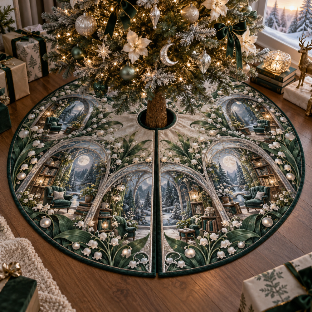 Moonbell Reading Holiday Tree Skirt — Cozy Storybook-Themed Christmas Skirt With Subtle Moon Motifs, Ready To Ship