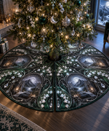 Emerald Moonbell Holiday Tree Skirt — Luxurious Green Velvet Christmas Skirt With Moonbell Embroidery, Ready To Adorn Your Tree