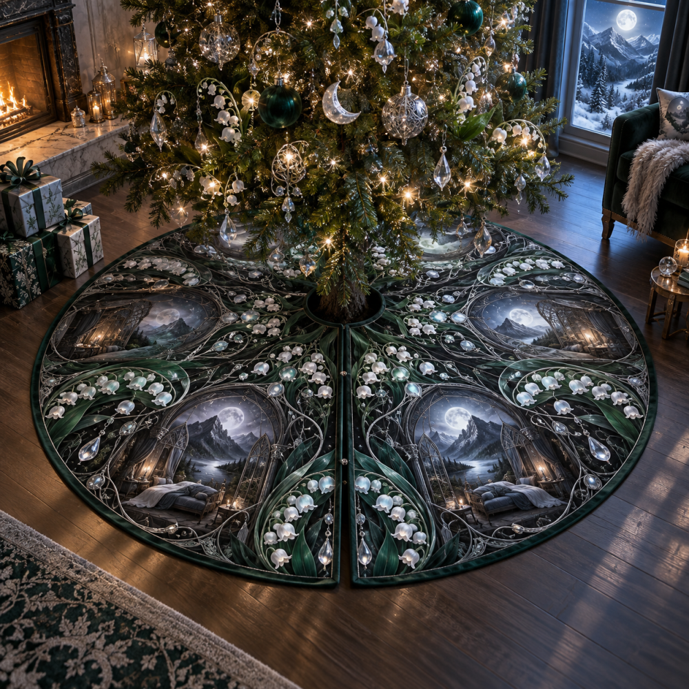 Emerald Moonbell Holiday Tree Skirt — Luxurious Green Velvet Christmas Skirt With Moonbell Embroidery, Ready To Adorn Your Tree