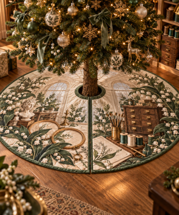 Moonbell Atelier Artisan Christmas Tree Skirt — Couture Embroidery & Linen-Velvet Blend, 60-Inch Designer Holiday Base For Upscale Seasonal Interiors