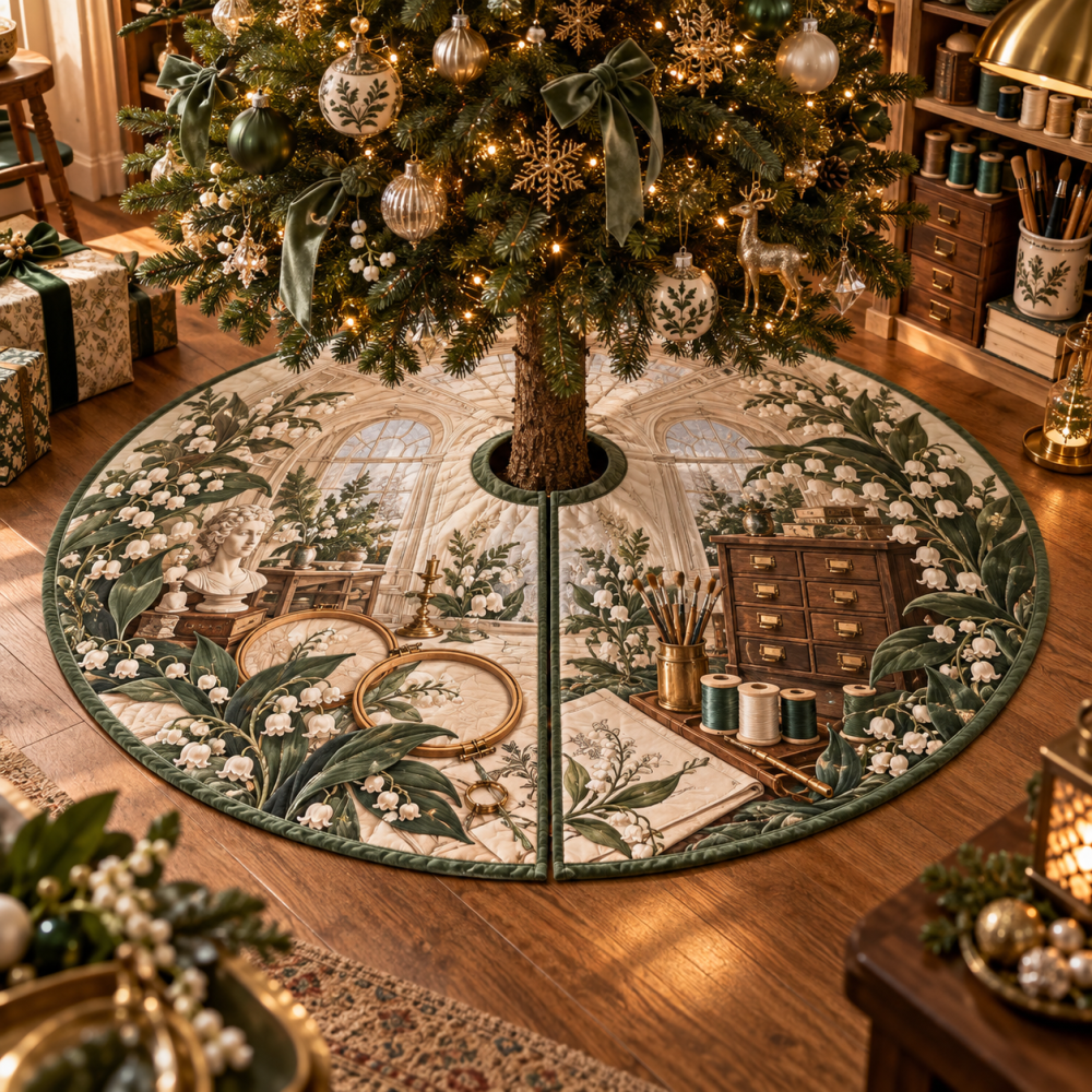 Moonbell Atelier Artisan Christmas Tree Skirt — Couture Embroidery & Linen-Velvet Blend, 60-Inch Designer Holiday Base For Upscale Seasonal Interiors