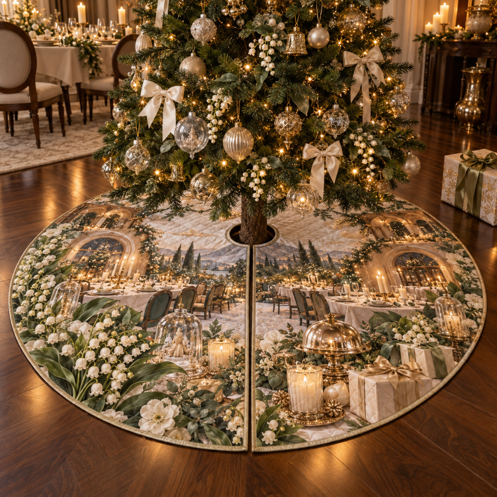 Moonbell Gratitude Holiday Tree Skirt — Handcrafted Wreath & Script Appliqué On Plush Velvet, 60-Inch Christmas Foundation For Heartfelt Seasonal Styling