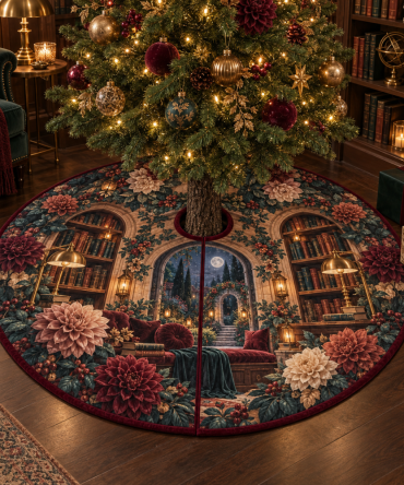 Lantern Dahlia Warm-Glow Holiday Tree Skirt — Lantern Motif Embroidery With Gold Accents, Heavyweight Velvet And 60-Inch Base For Cozy Christmas Vibes