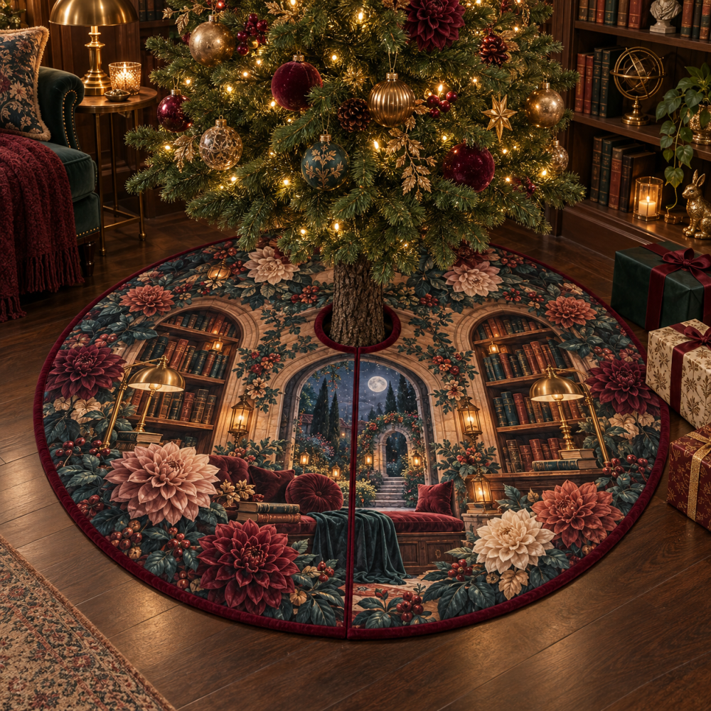 Lantern Dahlia Warm-Glow Holiday Tree Skirt — Lantern Motif Embroidery With Gold Accents, Heavyweight Velvet And 60-Inch Base For Cozy Christmas Vibes