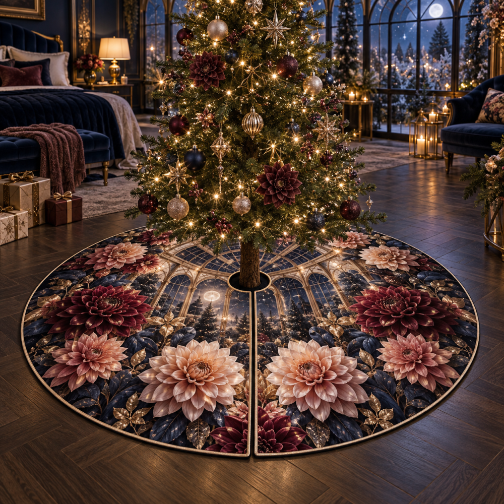 Starlight Dahlia Sparkling Christmas Tree Skirt — Star Embroidery With Metallic Thread, Soft Plush Base And 60-Inch Coverage For Bright Holiday Cheer