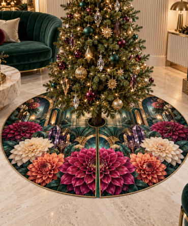 Prismatic Dahlia Luxe Christmas Tree Skirt — Color-Shift Sequins With Velvet Trim, Machine-Friendly 60-Inch Holiday Base For High-Impact Seasonal Styling