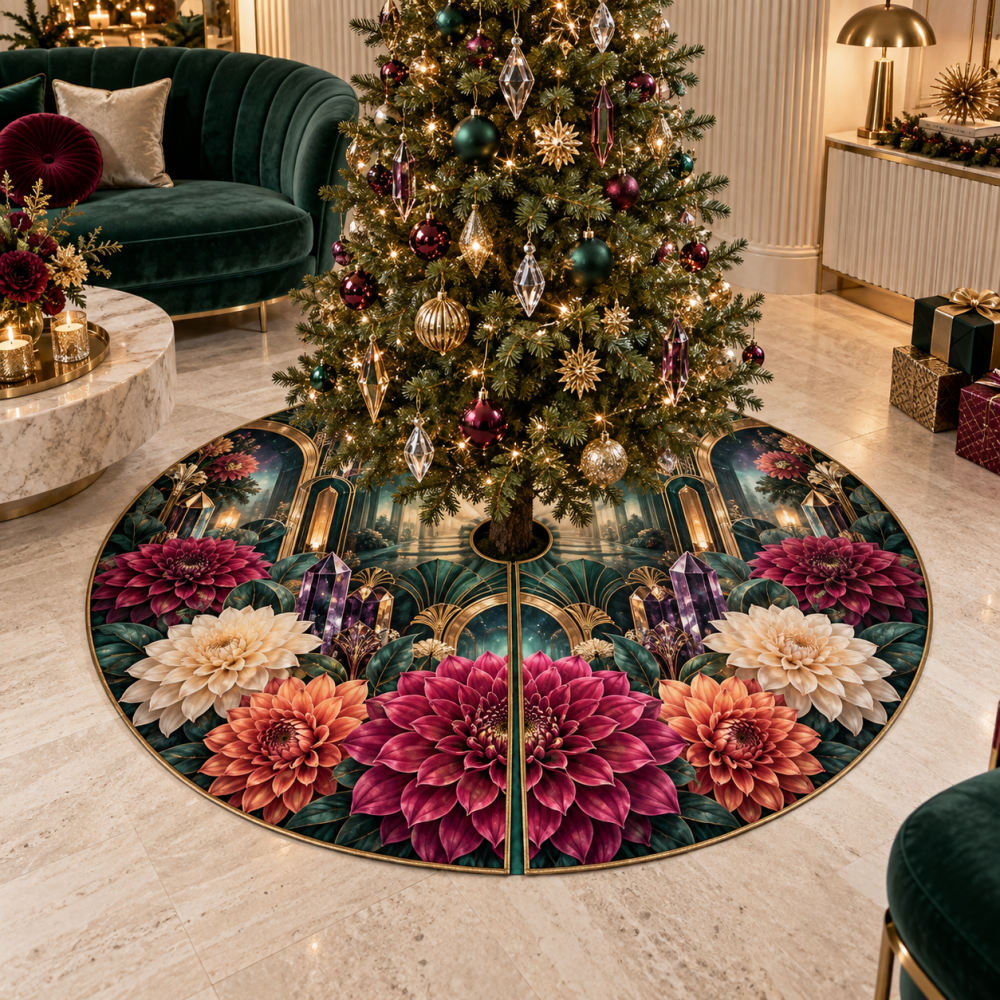 Prismatic Dahlia Luxe Christmas Tree Skirt — Color-Shift Sequins With Velvet Trim, Machine-Friendly 60-Inch Holiday Base For High-Impact Seasonal Styling
