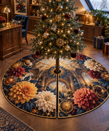 Sunburst Dahlia Radiant Christmas Tree Skirt — Gold Embroidered Sun Motif On Plush Velvet, Non-Slip Backing And 60-Inch Festive Base Cover