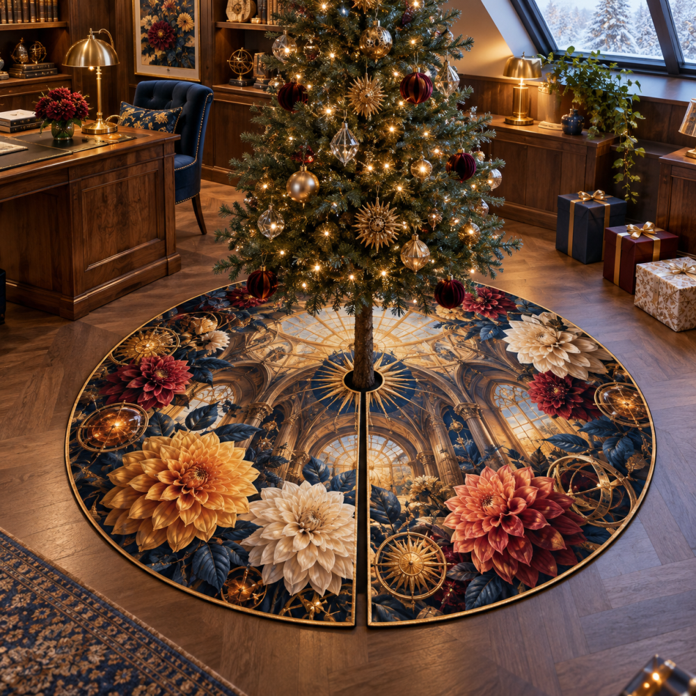 Sunburst Dahlia Radiant Christmas Tree Skirt — Gold Embroidered Sun Motif On Plush Velvet, Non-Slip Backing And 60-Inch Festive Base Cover