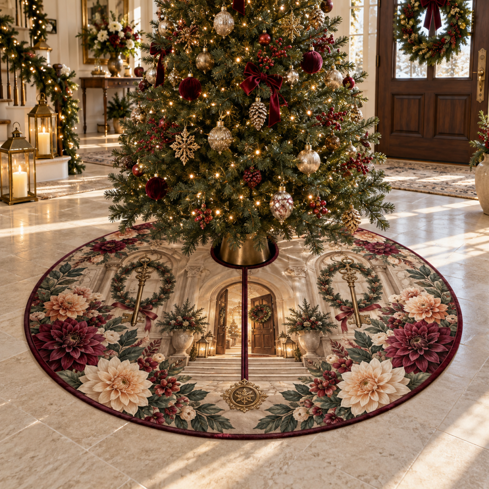 Heirloom Dahlia Vintage-Inspired Christmas Tree Skirt — Quilted Jacquard With Fringe Trim, Reversible 60-Inch Holiday Foundation For Timeless Décor