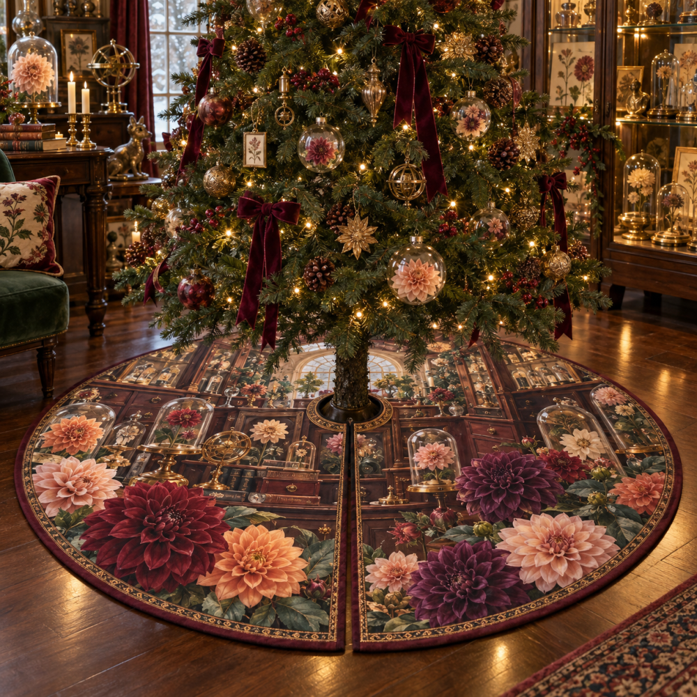 Designer Dahlia Curator Luxury Christmas Tree Skirt — Hand-Stitched Embroidery, Plush Velvet Backing And 60-Inch Holiday Base Cover For Elegant Homes