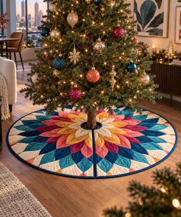 Elegant Dahlia Prism Holiday Tree Skirt — Premium Velvet With Metallic Thread Accents, 60-Inch Round Christmas Base Cover For Luxury Decor
