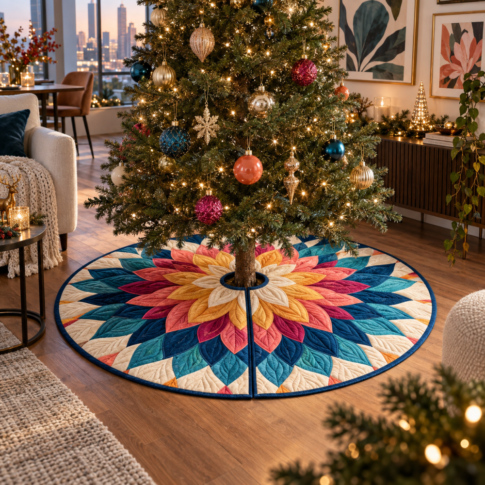 Elegant Dahlia Prism Holiday Tree Skirt — Premium Velvet With Metallic Thread Accents, 60-Inch Round Christmas Base Cover For Luxury Decor