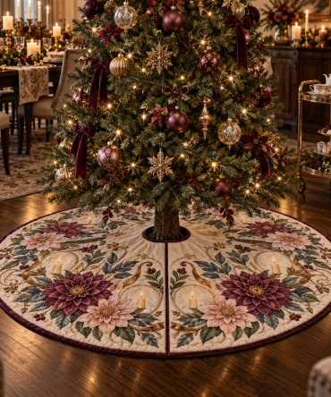 Dahlia Gratitude Supper Tree Skirt - Festive Dinner-Themed Holiday Base With Warm Tones And Easy-Care Fabric For Holiday Tables