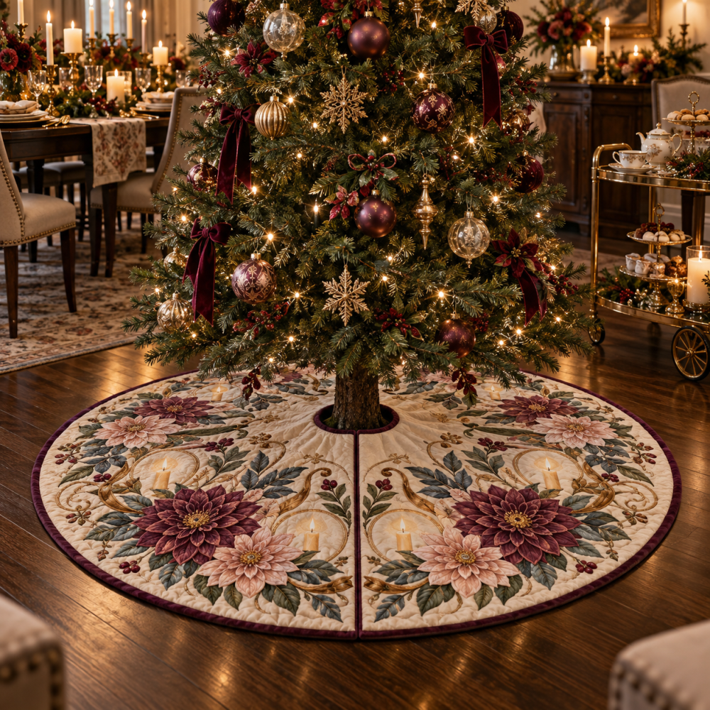 Dahlia Gratitude Supper Tree Skirt - Festive Dinner-Themed Holiday Base With Warm Tones And Easy-Care Fabric For Holiday Tables
